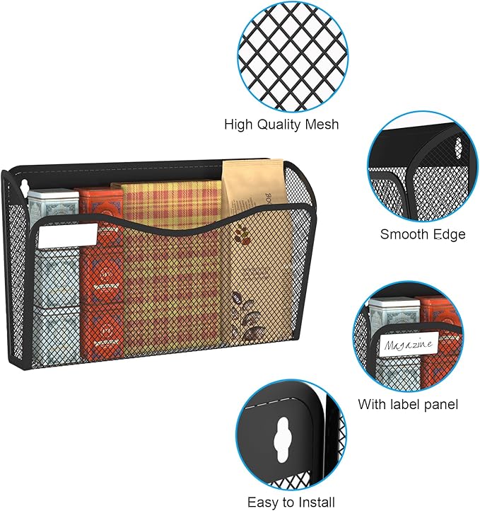 Wall File Organizer, Mesh Hanging File Organizer, Home Office Organization and Storage, 3 Single Pockets Document Magazine Rack