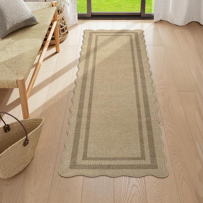 LIVEBOX Scalloped Washable 2x6 Kitchen Runner Rug, Easy Jute Geometric Tan Rugs
