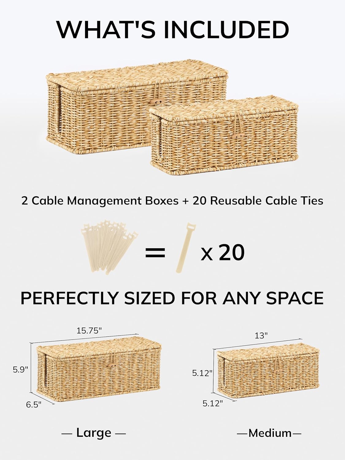 Cable Management Box, Cord Organizer with Lid & Cable Ties - Natural Set