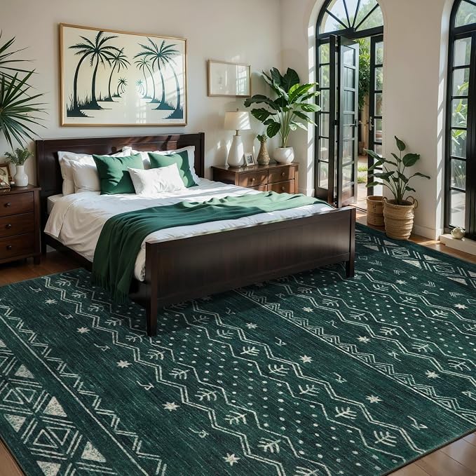 SERISSA 6x9 Area Rugs for Living Room, Washable Non-Slip Dark Green Boho Rug