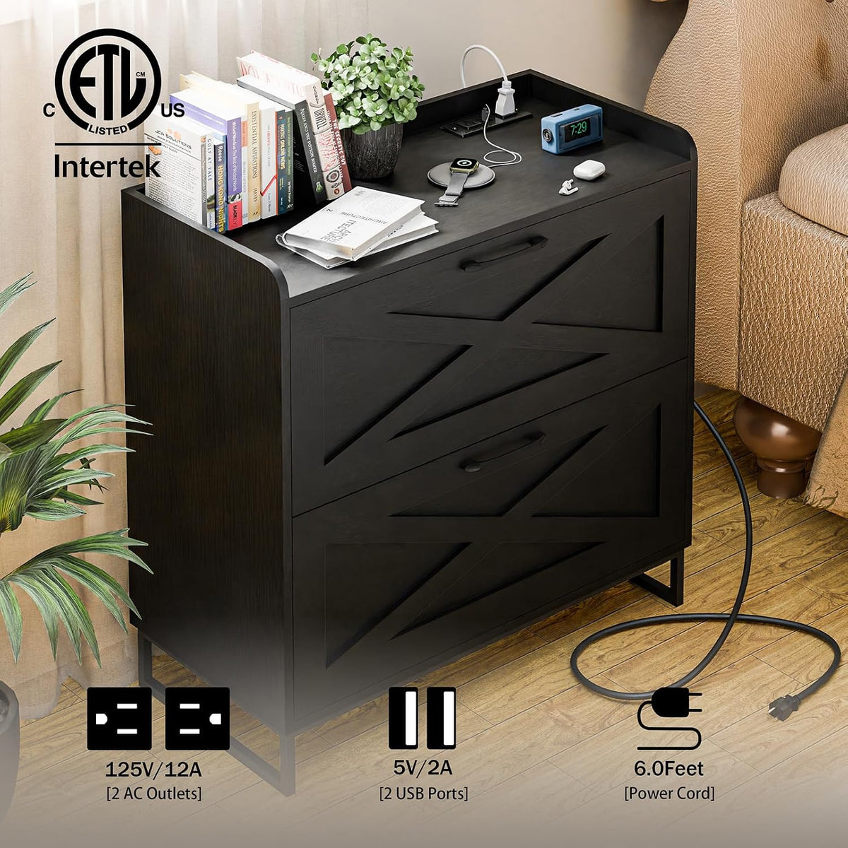 Vabches 2 Drawer Lateral File Cabinet with Charging Station, Black