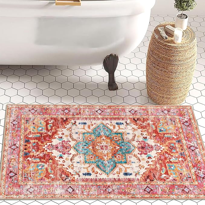 Yamaziot Washable Area Rug, 2x3 Small Entryway Rug Non-Slip Boho Vintage Rug