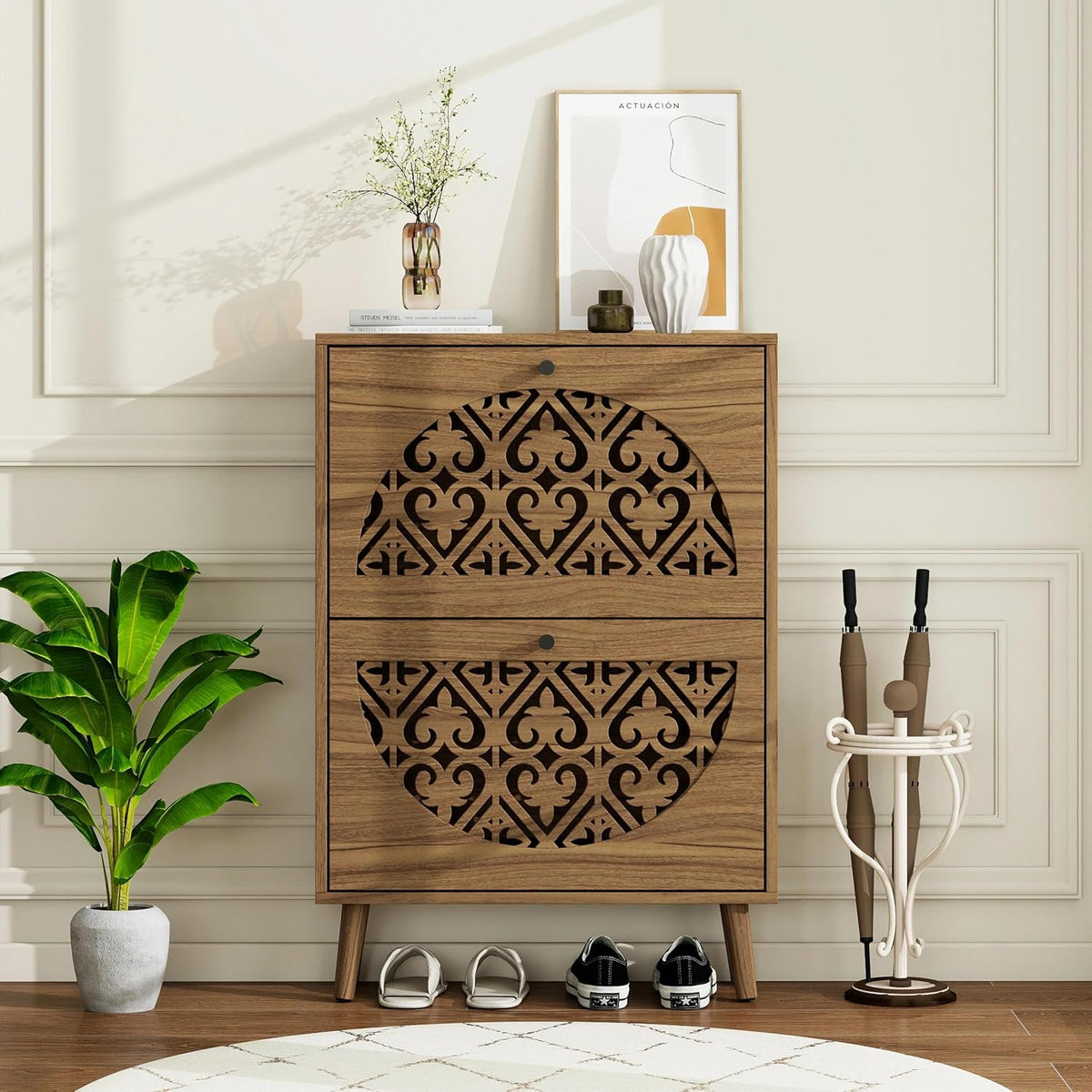 vistavie 6.7" Walnut Ultra-Slim Shoe Cabinet with 2 Flip Drawers,Heart-Shaped Hollow-Carved Entryway Shoe Storage Organizer, Mid-Century Modern Free-Standing Shoe Rack with Solid Wood Legs