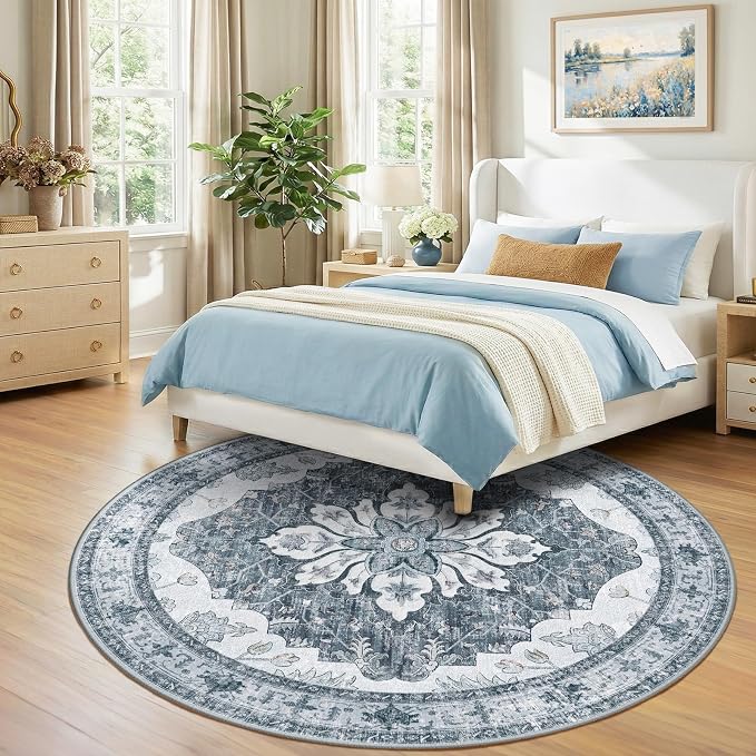 RELEANY Area Rugs Round 10ft Washable Non-Slip, Floral Vintage Distress