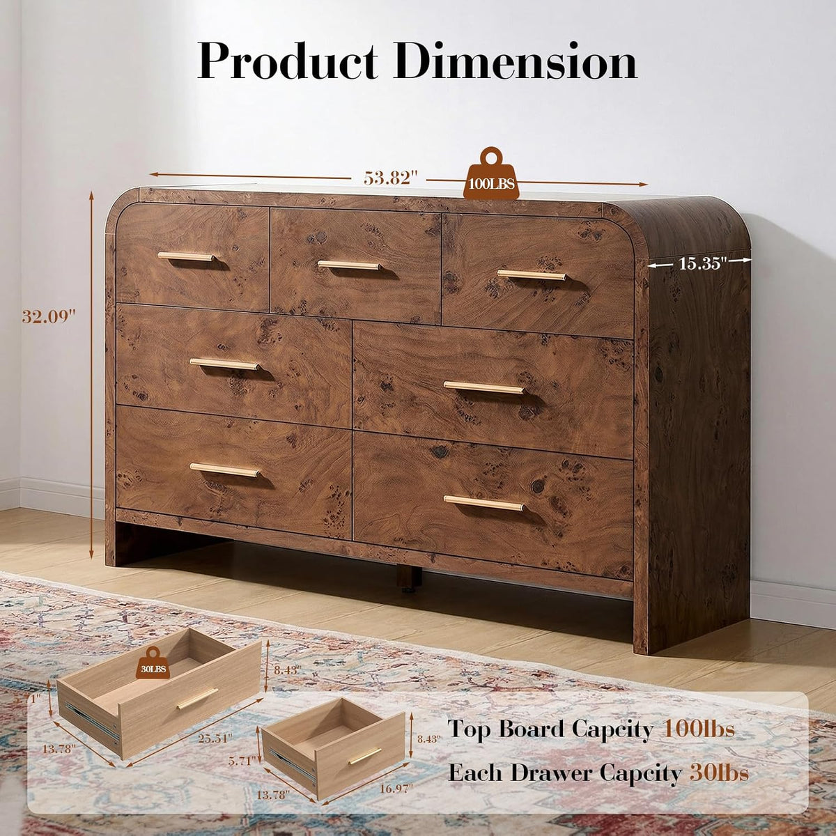 Curved Drawer Dresser for Bedroom with 7 Drawers, 54'' Wide Chest of Drawer