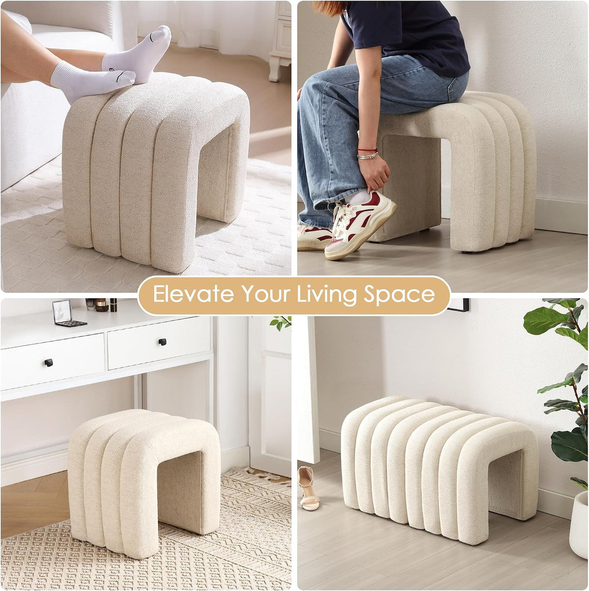 ONEVOG Beige Pouf Ottoman, Foot Rest for Couch 18 inch Cute Vanity Chair for Makeup, Sturdy Frame, Living Room Decor, Upholstered Footrest for Dorm, Bedroom