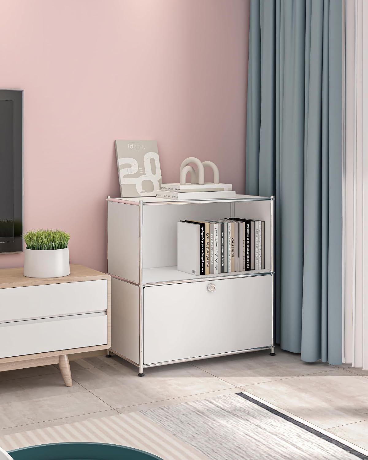 32.5-Inch Flip-Top Storage Cabinet with Detachable Wheels, Metal Side Table and Small Sideboard Cabinet for Living Room, Bedroom, Office, Matt White