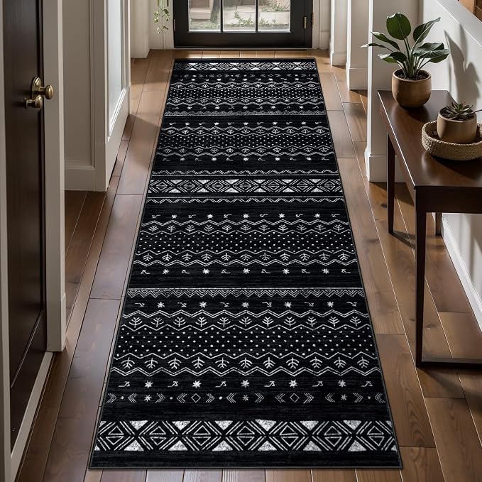 SERISSA 2x5 Kitchen Runner Rug, Washable Non-Slip Black and White Boho Rug