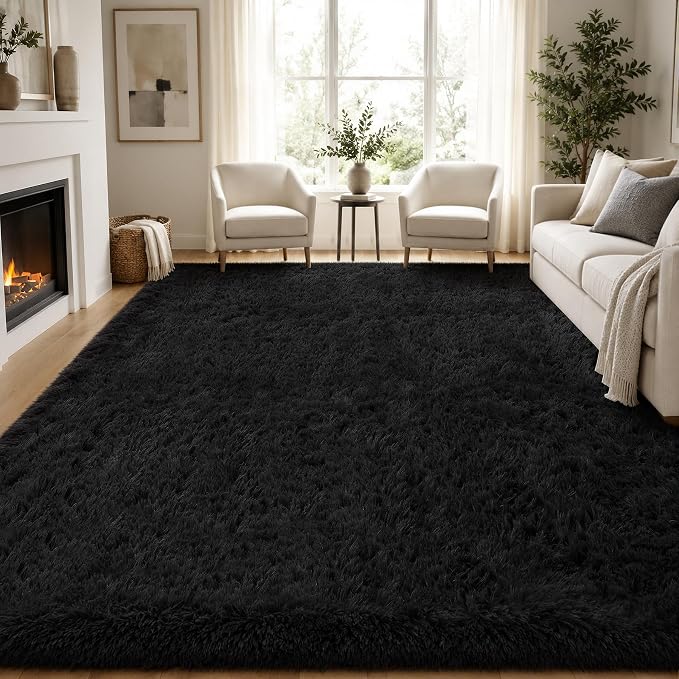Area Rug for Living Room Bedroom: 9x12 Black Soft Fluffy Shag Upgrade Non-Slip