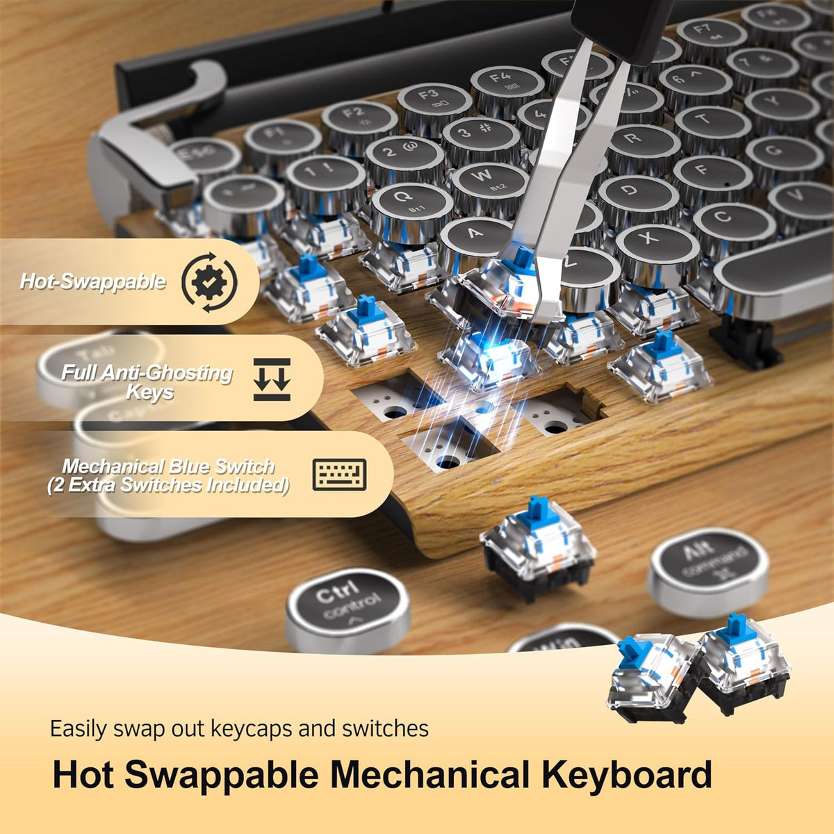 Retro Typewriter Mechanical Keyboard Wireless for PC/Laptop/Pad/Mac/Phones