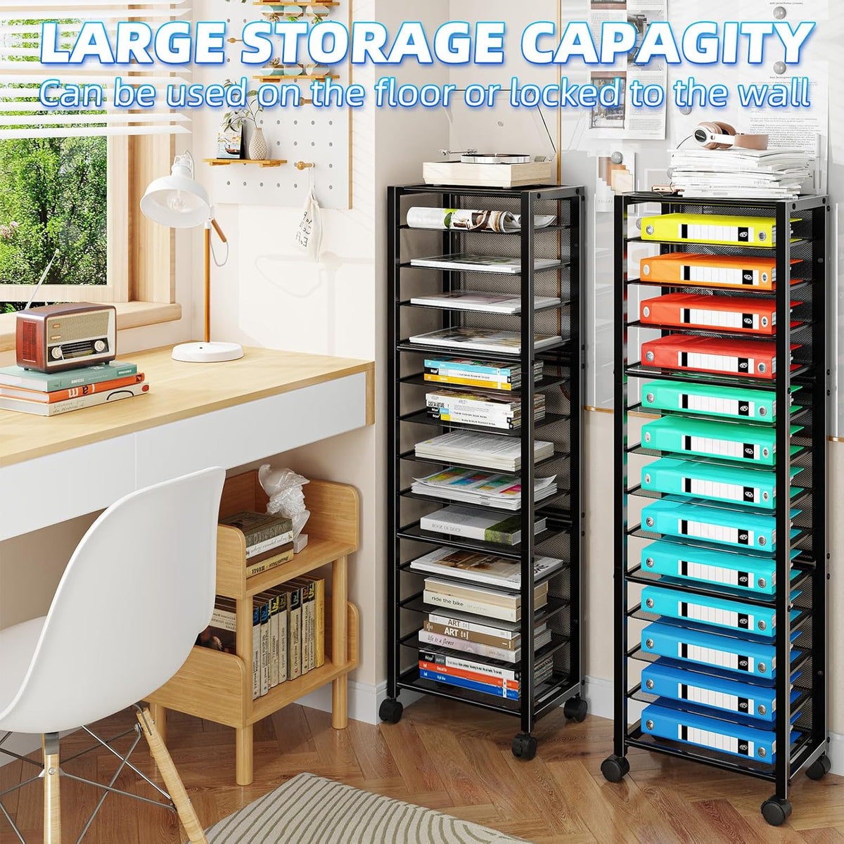 Simple Trending 14 Tier Rolling File Cart, Desk File Organizer, Paper Letter Storage Rolling Clutter Cart for Office, Home, School, Black