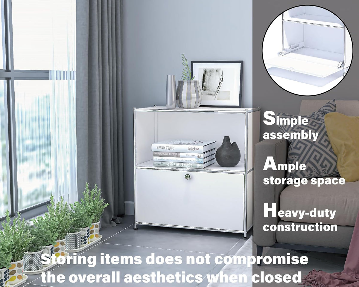32.5-Inch Flip-Top Storage Cabinet with Detachable Wheels, Metal Side Table and Small Sideboard Cabinet for Living Room, Bedroom, Office, Matt White