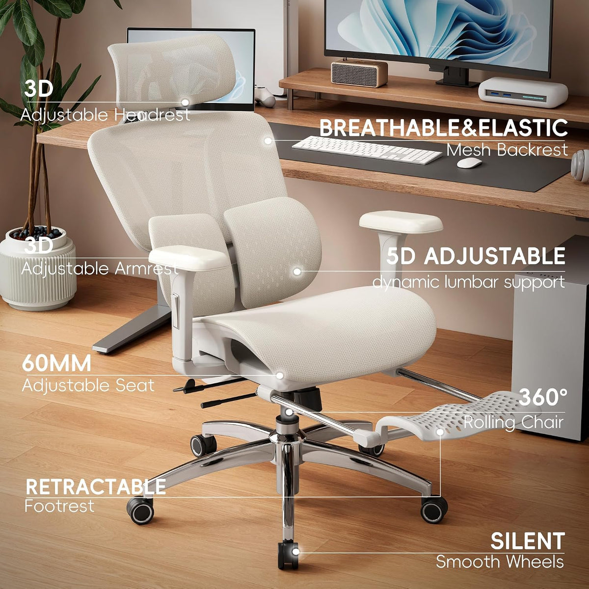 Vonesse Ergonomic Office Chair with Footrest, Desk Chairs with Dynamic Lumbar Support & Adjustable Depth Breathable Mesh Seat, Computer Gaming Chair with Adjustable 3D Headrest and Armrests (White)