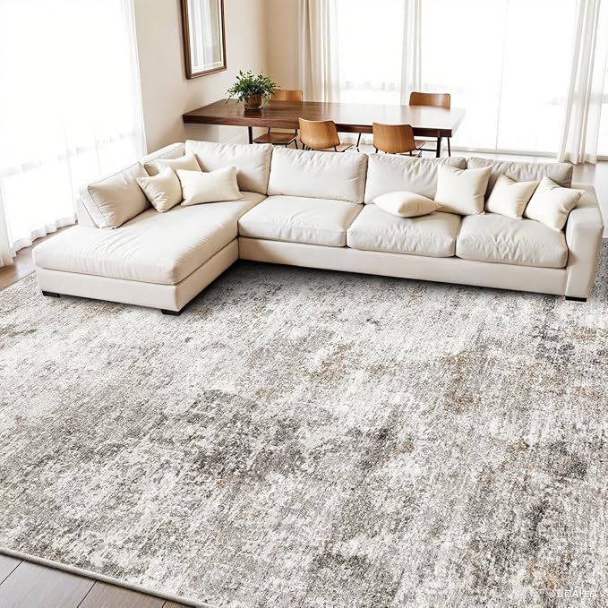 8x10 Washable Living Room Rug – Modern Neutral Abstract Soft Large Area Rug