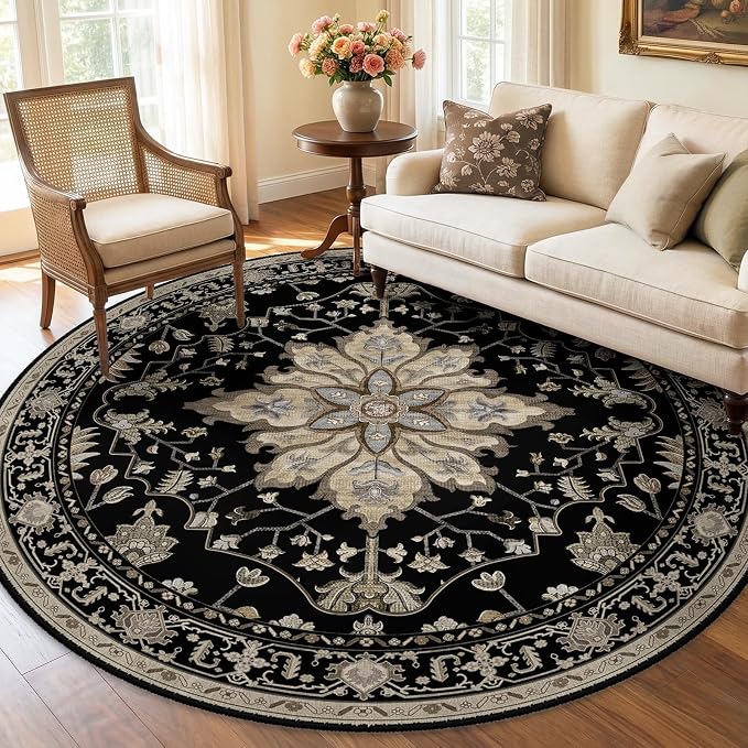 RELEANY Area Rugs Round 6ft Washable Non-Slip, Floral Vintage Distress