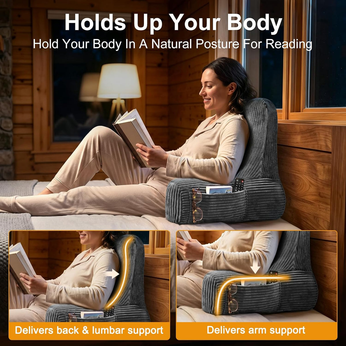 Reading Pillow for Bed Sitting Up, Back Support Pillow with Arms