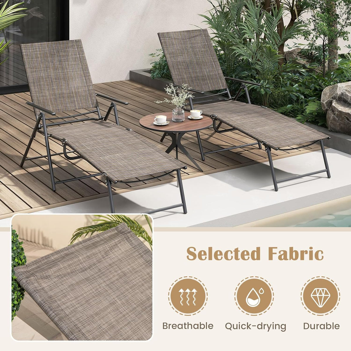 GIANTEX Lounge Chair Outdoor Set of 2 - Tanning Chair with 6 Adjustable Backrest, 2-Level Footrest, Folding Sunbathing Lounger for Patio, Poolside, Yard, Chaise Lounge Chair, Beach Chair (Brown)