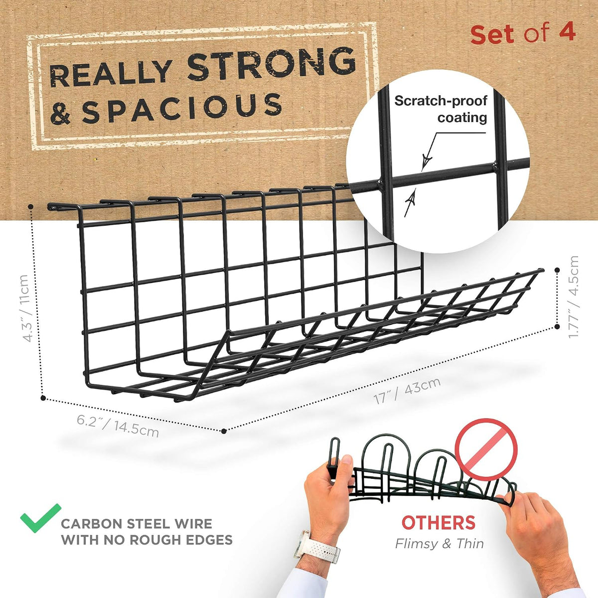 Scanfield Under Desk Cable Organizer Wire Tray, Set of 4x17 inch, Black