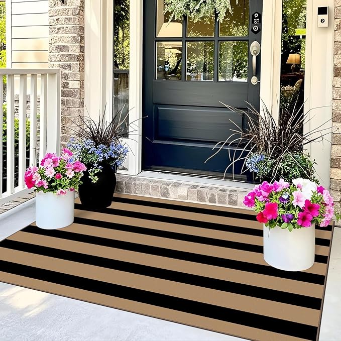 Black Tan Striped Entry Rug