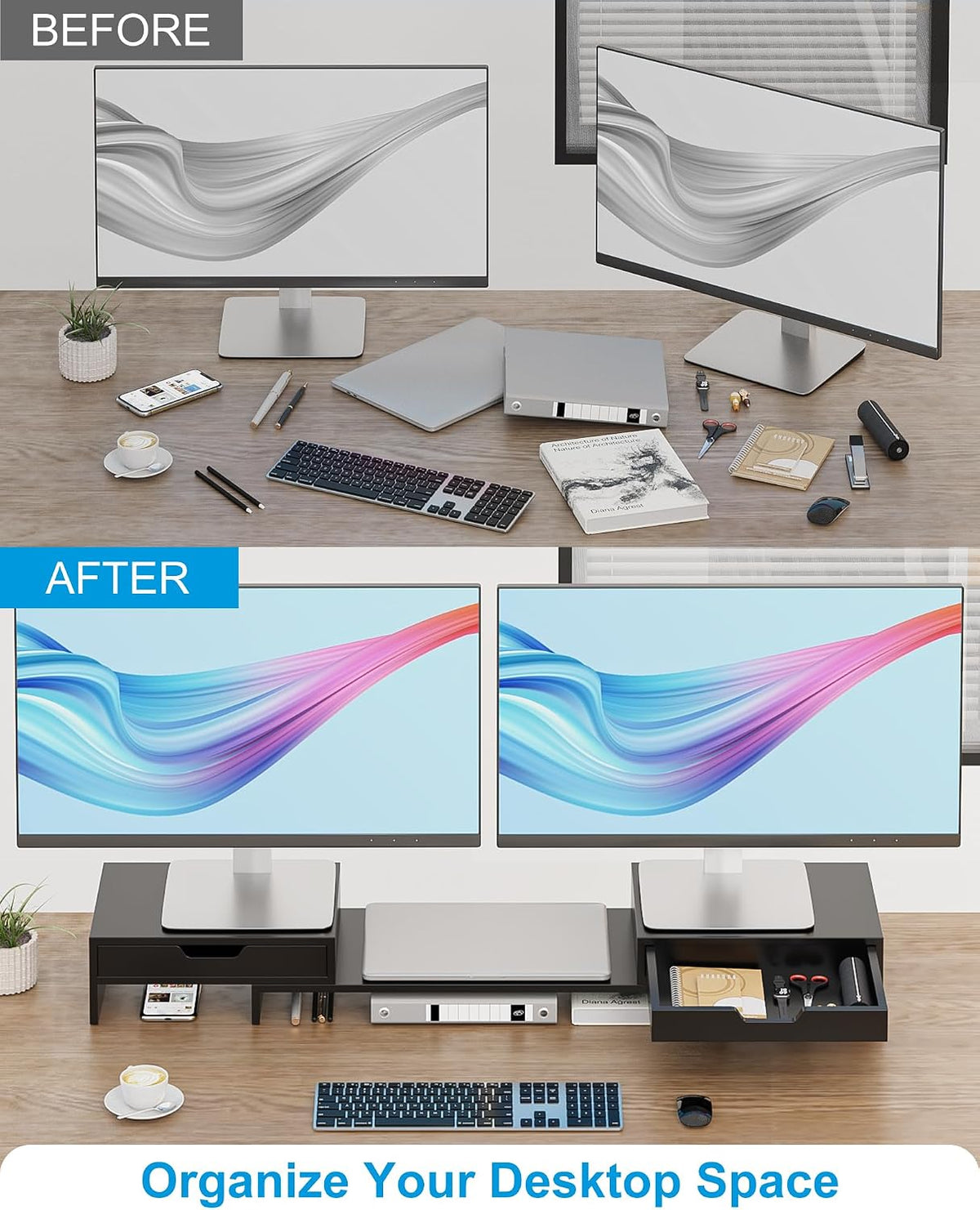 Epesoware Dual Monitor Riser with Two Drawer for Desk, No Assembly Required