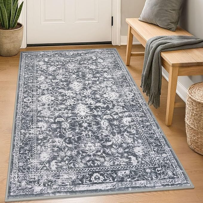 KILOCOCO Area Rug 3x5 Entryway Rug Washable Printed Vintage Floral Rubber