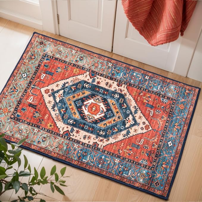 SERISSA Boho Rugs for Entryway, 2x3 Rust Entryway Rug Non-Slip Washable Small