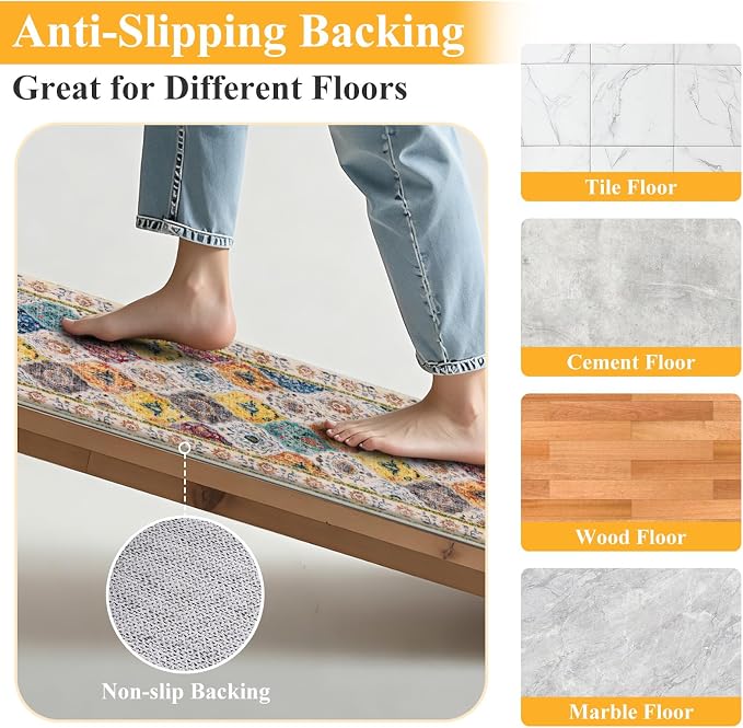 HEBE Washable Hallway Runner Rug 2'x 5' Non Slip Kitchen Rugs Runner, Low Pile