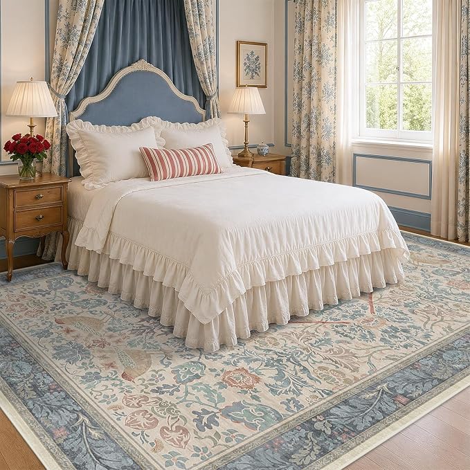 Soft Red and Blue 8x10 Living Room Rug, Oriental Non-Slip Area Rug