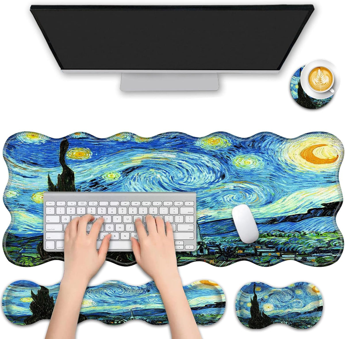 4 in 1 Desk Mat Set,Mouse Pad with Keyboard Wrist Rest,Wave-Shaped Design,Non-Slip Rubber Base,Waterproof,for Home,Office,Gaming,Starry Night