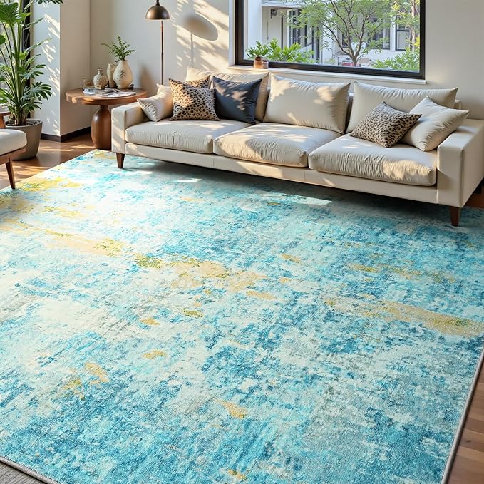 Ompaa Living Room Rug 6x9 Teal Blue Area Rug Machine Washable Boho Rug Non Slip