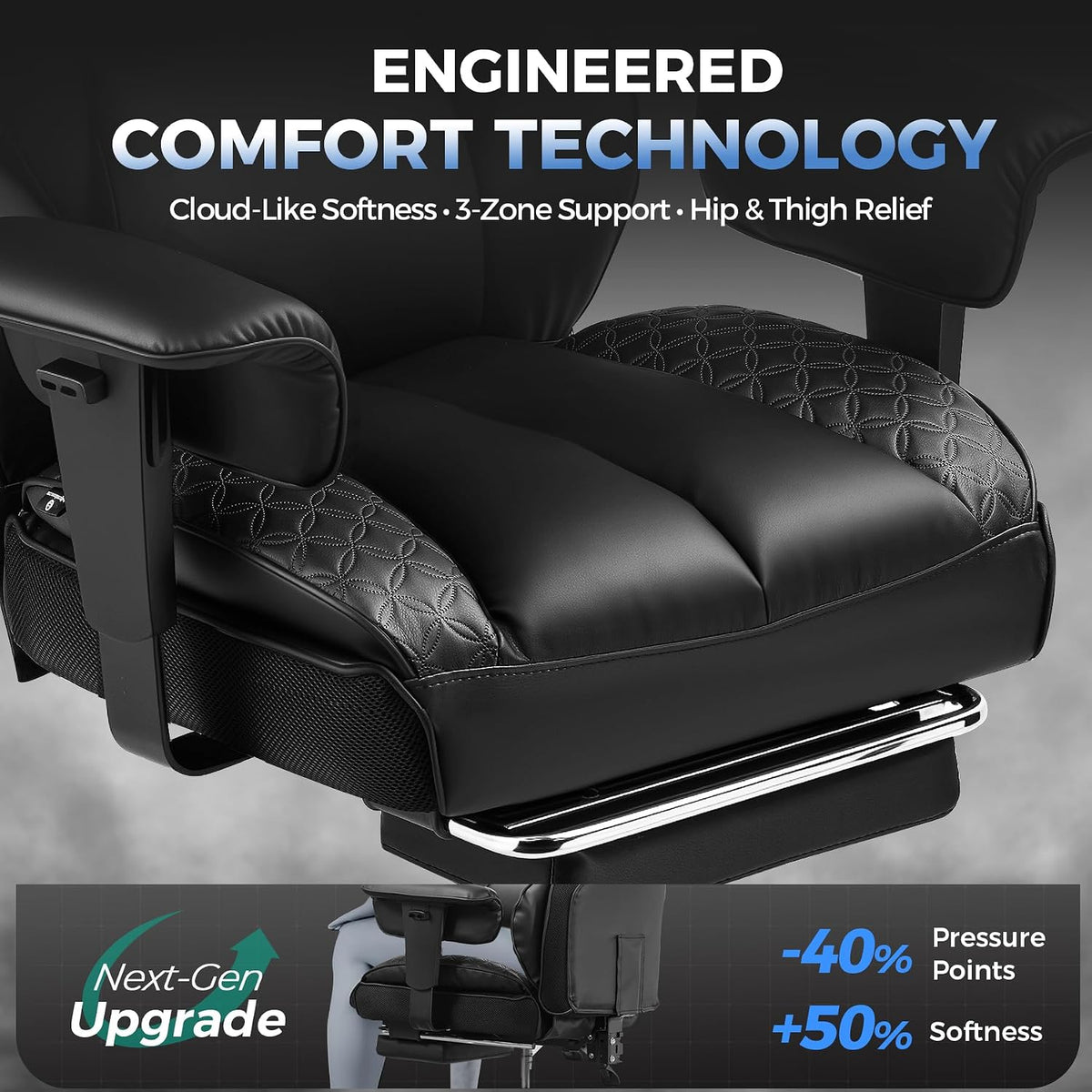 GTPLAYER Big and Tall Gaming Chair 400lbs Heavy Duty Office Chair with Footrest, High Back Pocket Spring Lumbar Support, Ergonomic Wide Comfy Seated Cushion for Lower Back Pain Relief, Carbon-Black
