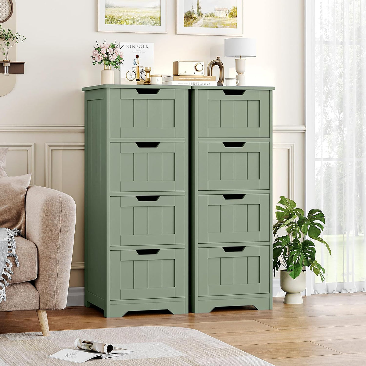 FOTOSOK Bathroom Storage Cabinet Set of 2, Bathroom Cabinet with 4 Drawers