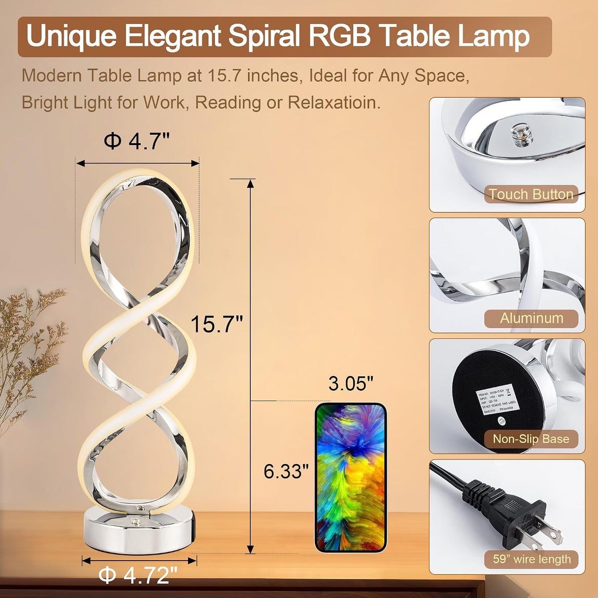 Modern Spiral LED RGB Table Lamp, Dimmable Touch, Small Nightstand Lamp