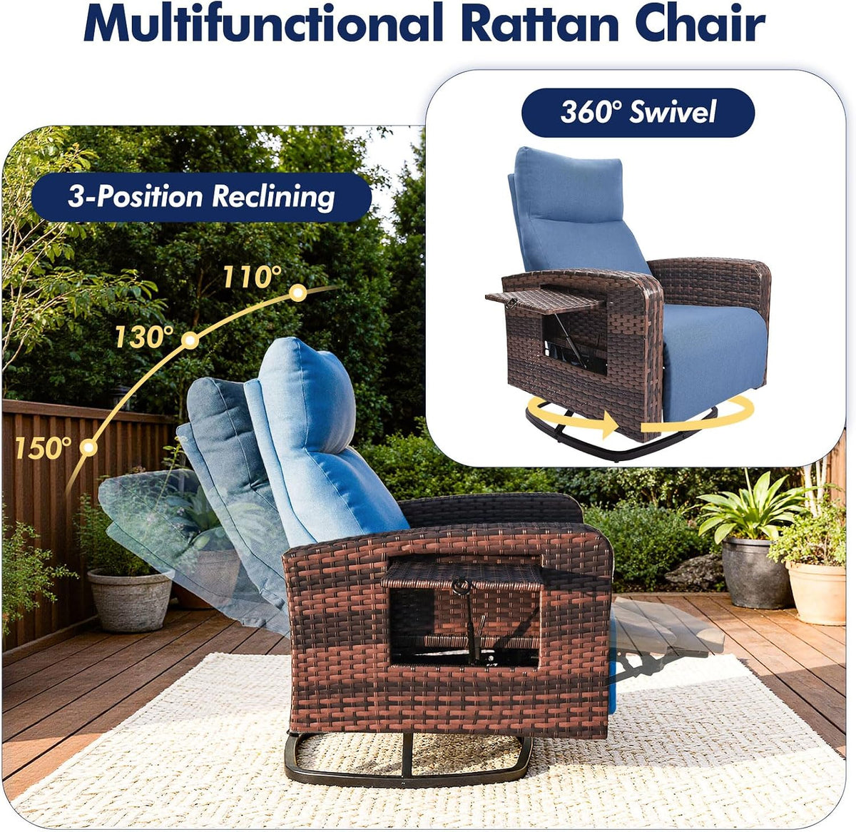 ZZW Outdoor Recliner Chair Set of 2, Wicker Patio Recliners with Adjustable Backrest and Extended Foot Rest, Reclining Patio Chairs with Flip Table & Removable Cushion Cover for Porch