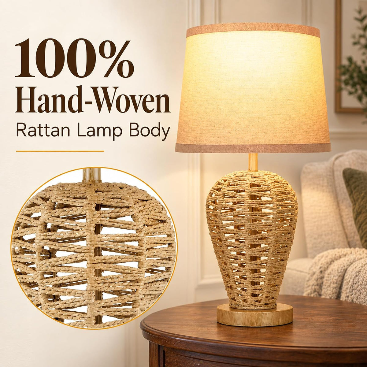 19" Boho Table Lamp with 100% Hand Woven Rattan Body & Wood Grain Finish