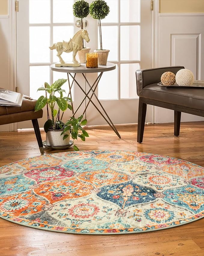 Lahome Round Moroccan Washable Rug, Soft Vintage Small Round Rug 3ft Non-Slip