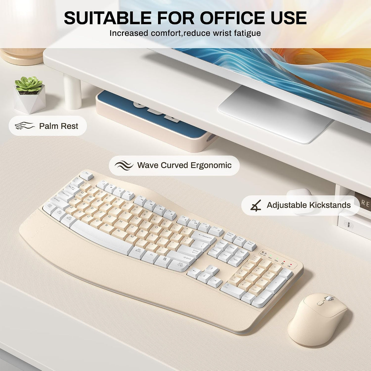Wireless Keyboard and Mouse Combo,2.4G Ergonomic Wave Keys(Latte Color-A)