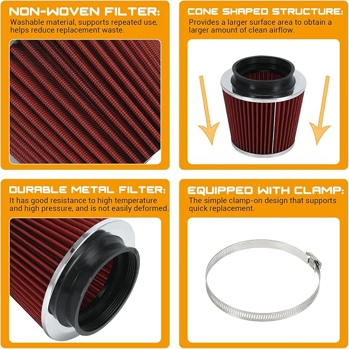 PTNHZ Universal Red 4" 102mm High Flow Cold Air Intake Cone Air Filter Power