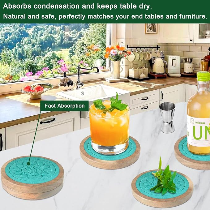 Wood Coasters for Drinks, Minacun Absorbent Coaster Sets of 5, Drinks Coasters