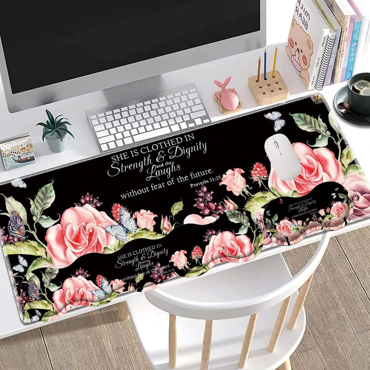 Large Gaming Mouse Pad + Keyboard Wrist Rest + Wrist Support + Coaster Set, Memory Foam Ergonomic for Easy Typing, XXL Extended Gaming Mouse Pad Table Pad - Proverbs 31:25 Flower