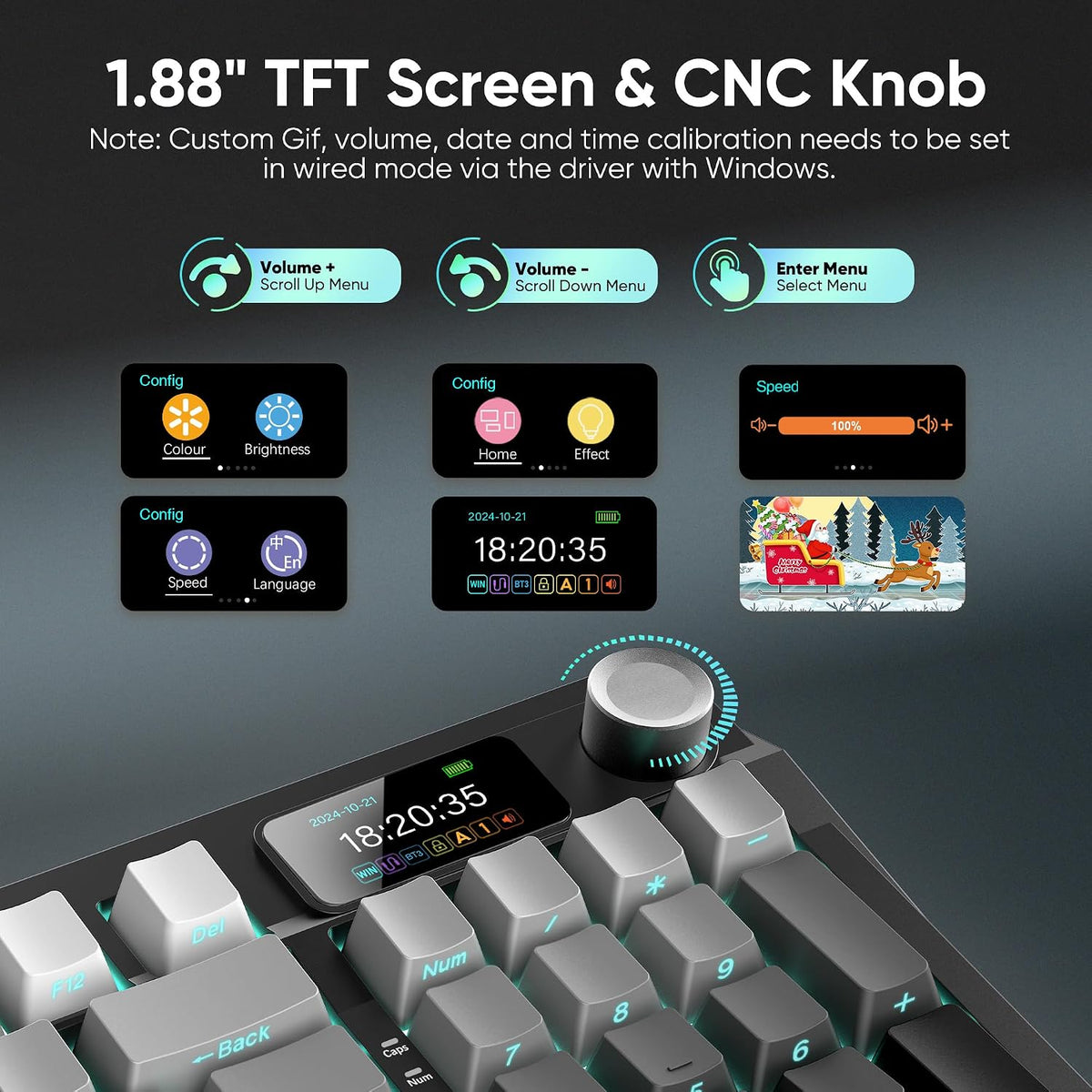 RedThunder K95 Wireless Mechanical Keyboard,TFT Screen & Knob, Trip-Modes Connection, Gasket Custom Hot-Swap Keyboard, RGB Backlit, Pre-lubed Linear Switches, Side Printed PBT Keycaps, Gray Gradient