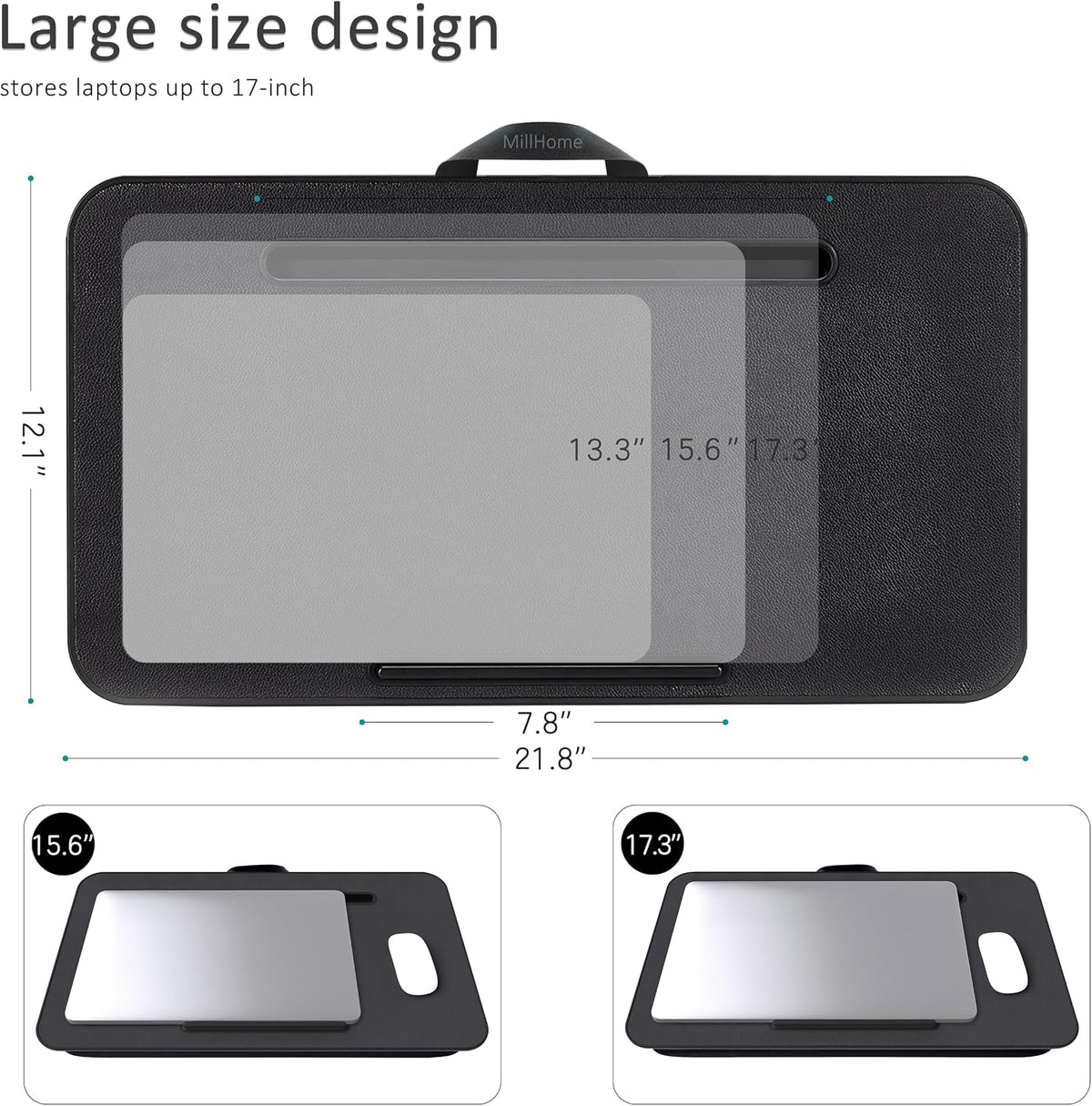 Lap Desk with Cushion, Fits up to 17 inch Laptop, Pillow Designed, Portable Laptop Stand with Tray, Pad & Phone Holder, Home Office for Bed/Couch/Car/Reading/Writing,MillHome (Black)