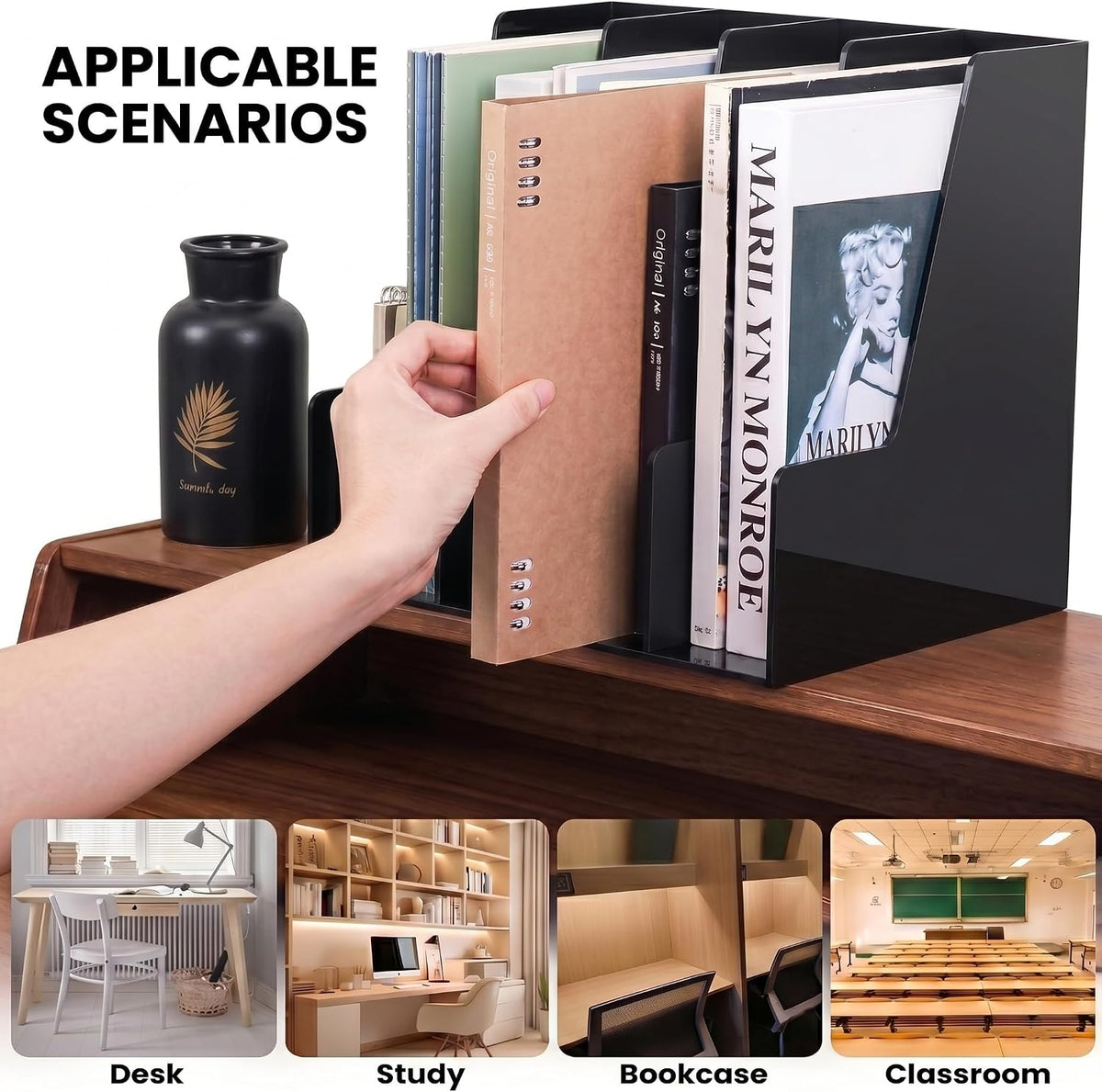 Vertical Magazine File Holder, Black File Organizer Desk Organizer and Storage Bins Holding for Magazines, Binders, Notebooks, Envelopes, Plastic Office Organization and Storage for Desk, 4 Pack