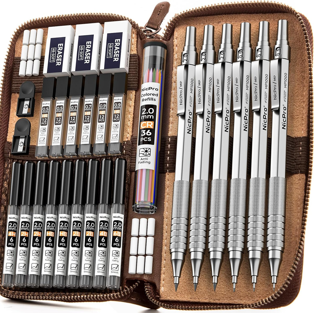 Nicpro 30PCS Silver Metal Mechanical Pencils Set in Leather Case