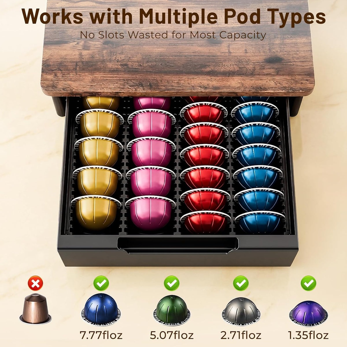 EVERIE Coffee Pod Drawer for Vertuo Pods, Flexible Slots, Rustic Brown
