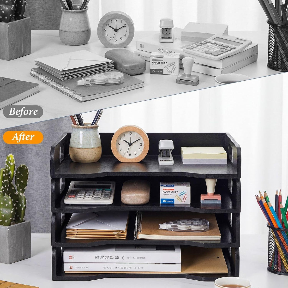 Yinkin Wooden Stackable Paper Trays 4-tier Wooden Paper Organizer for Desk Letter Documents Woodens Desktop File Organizers for Desktop File Holder and Office Supplies Rack for Home Office Use (Black)