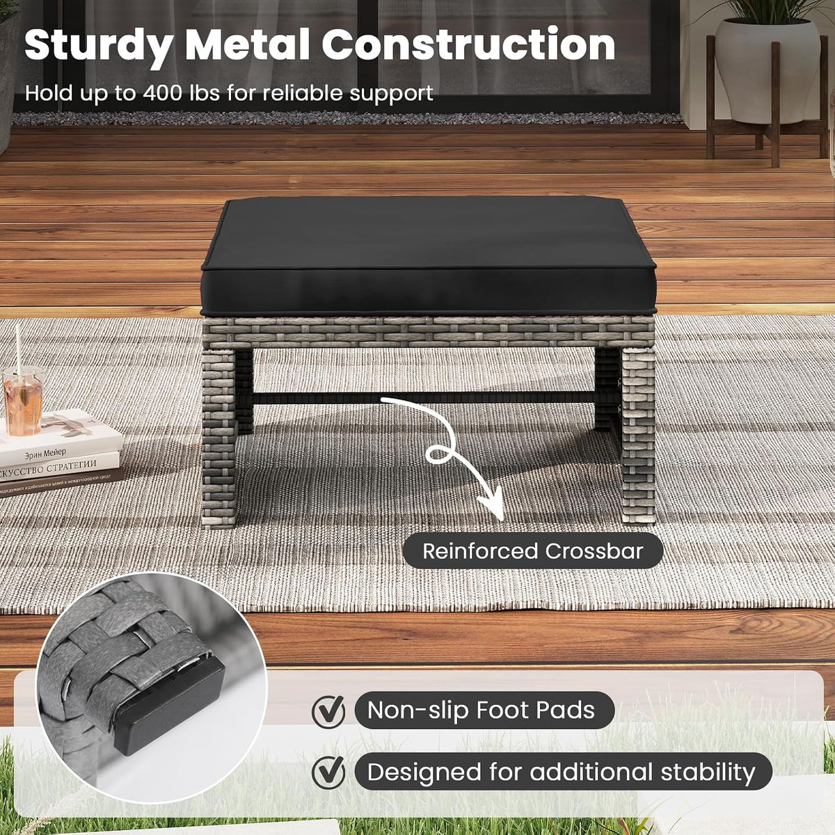 RELAX4LIFE Wicker Outdoor Ottoman Set of 2 - Rattan Footstools Foot Rest w/Removable Cushions, Multipurpose Side Table & Additional Seating, Outdoor Ottomans for Patio Garden Porch (Grey-Black)