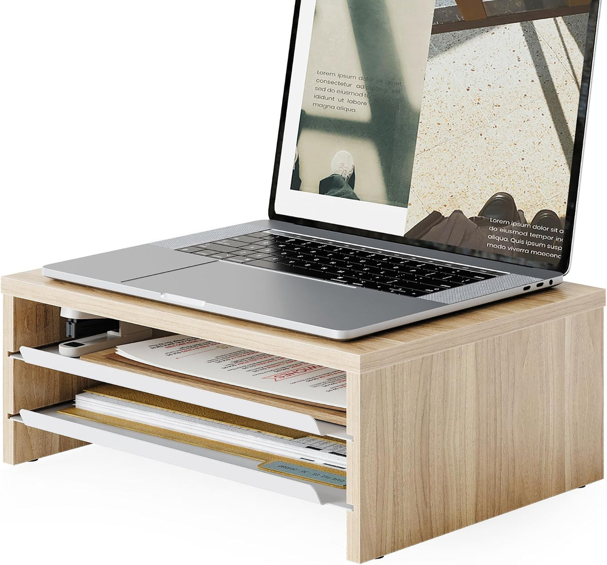 Fenge 14.3-Inch Monitor Stand with Slide-Out Trays, Wood & Metal Desk Shelf