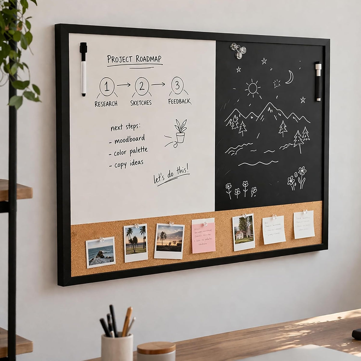 Flipside Products 3-in-1 Magnetic Dry Erase Board, Magnetic Chalkboard & Cork Bar Combo, 24” x 36” Large Framed Organizer for Home, Office & Classroom, Includes Markers, Magnets & Push Pins