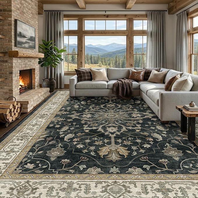 RELEANY Area Rugs Large 9'x12' Washable Non-Slip, Floral Vintage Distress
